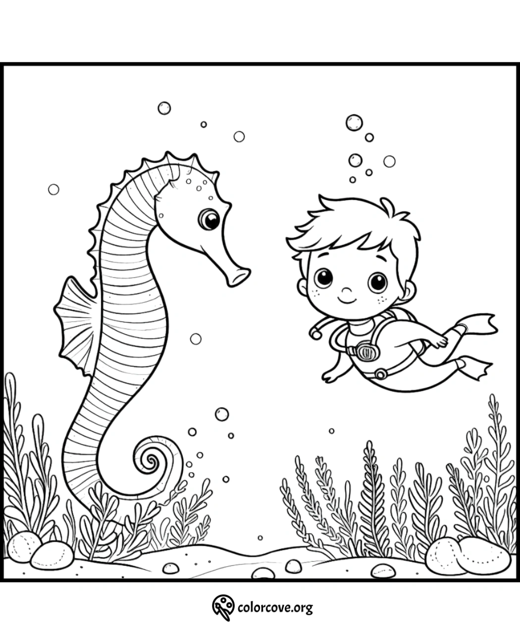 Cute underwater coloring page with a seahorse and a scuba-diving boy surrounded by sea plants and bubbles.