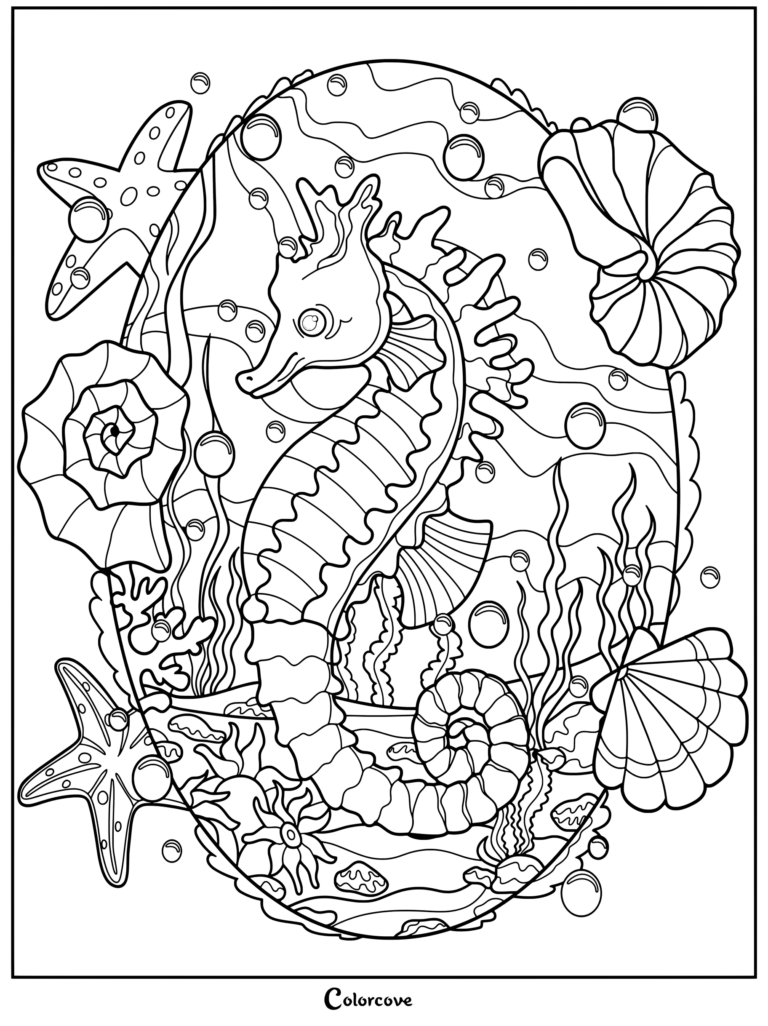 Detailed seahorse coloring page featuring starfish, seashells, coral, and bubbles in an oval frame.