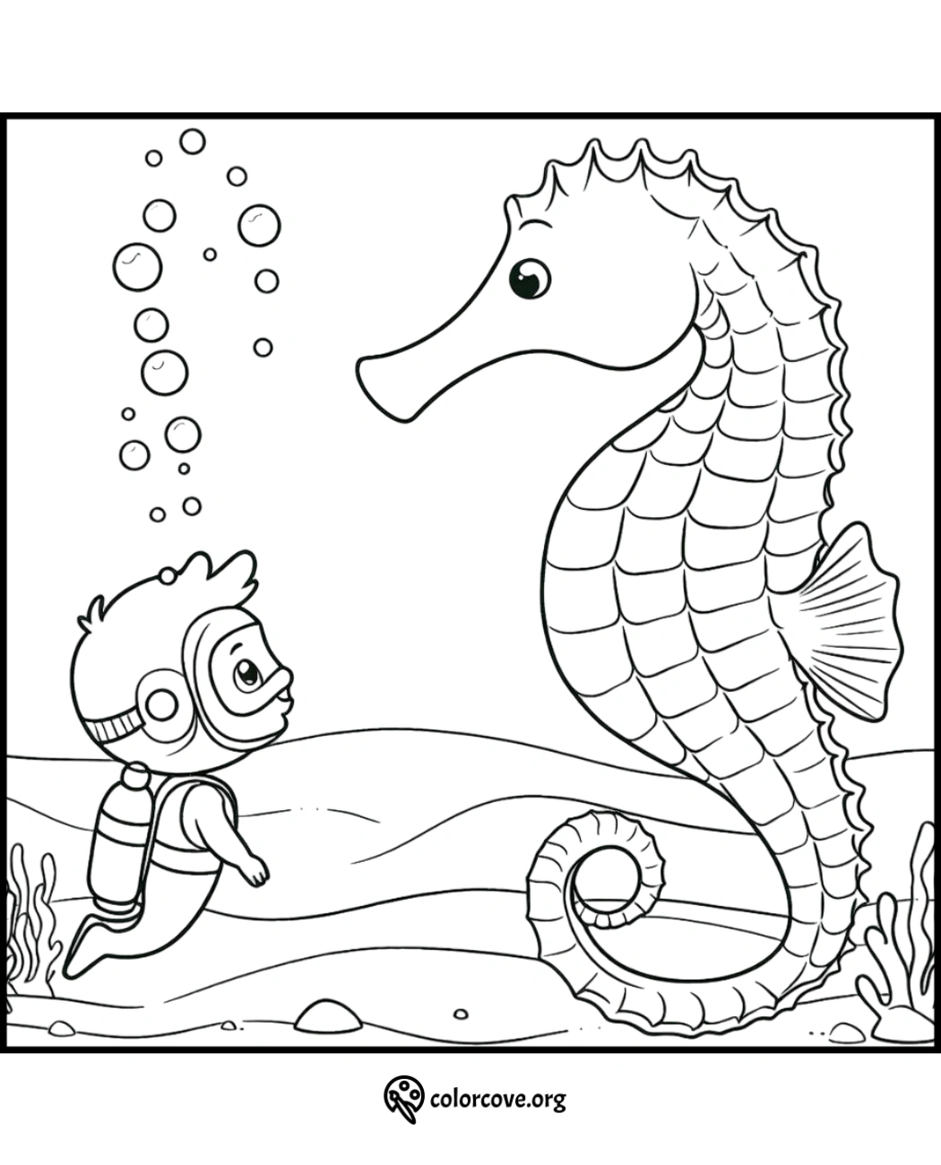 Kid diver and giant seahorse coloring page - underwater adventure scene for children. Download and enjoy at colorcove.org.