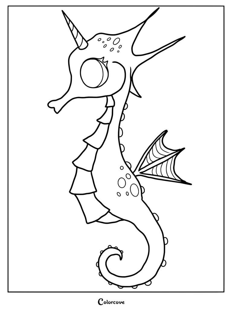 Printable seahorse coloring page featuring a mythical creature with a horn and fin.