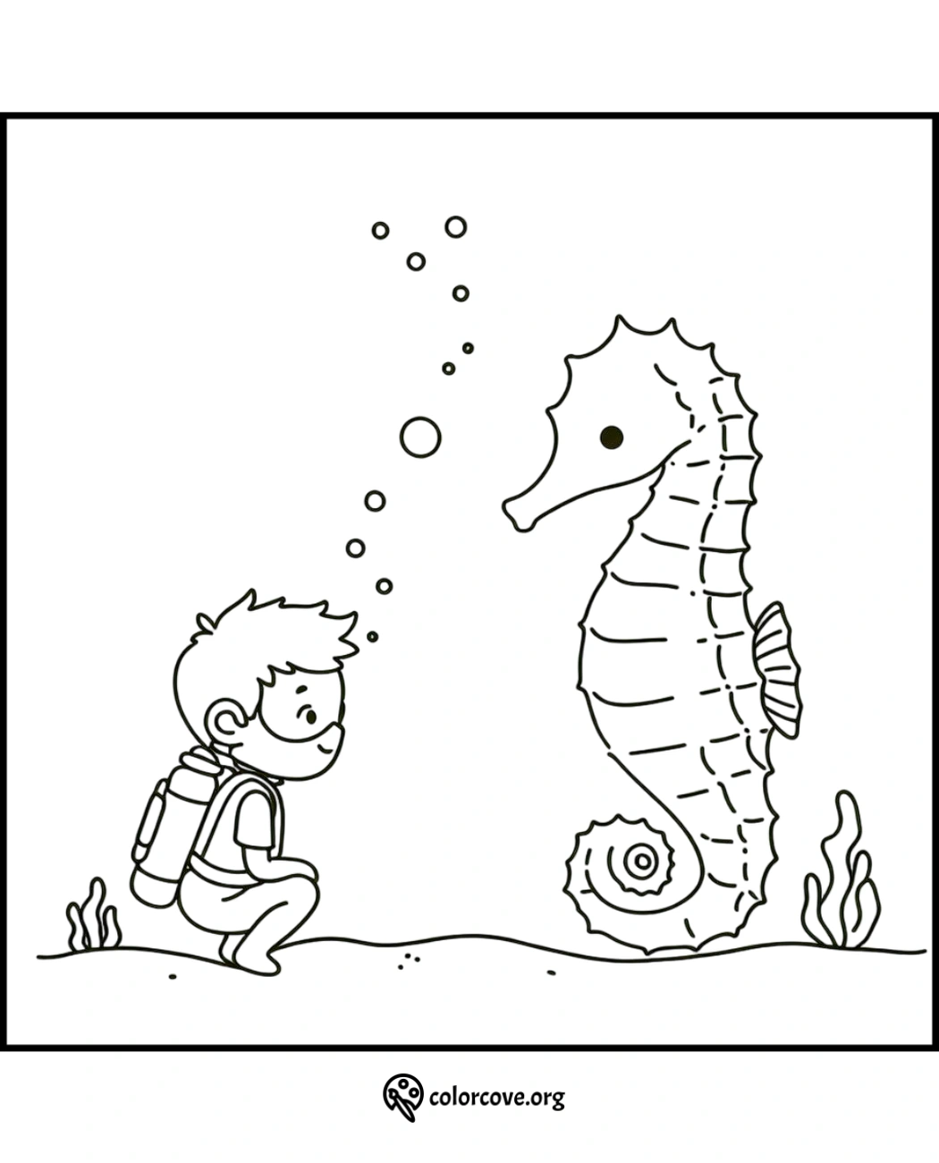 Coloring page of a young diver encountering a friendly seahorse underwater with bubbles rising, designed for children's activities.