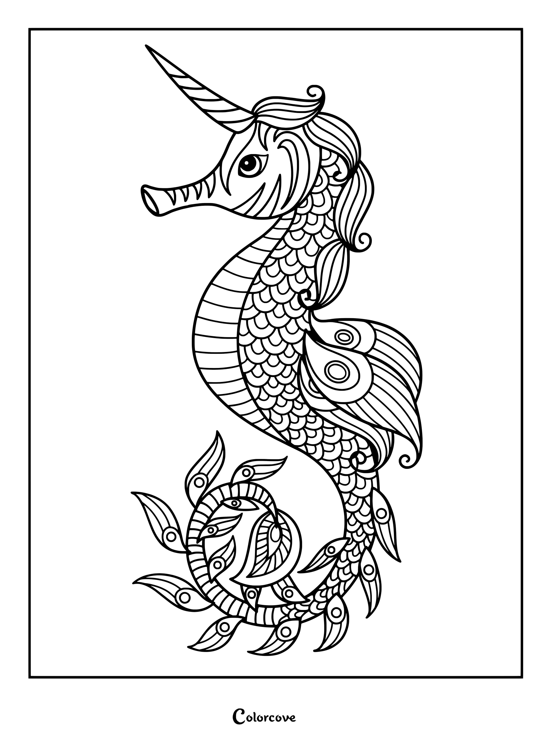 Dibujo para colorear detallado de un vistoso caballitos de mar unicornio adornado con intrincado follaje floral en la cola.