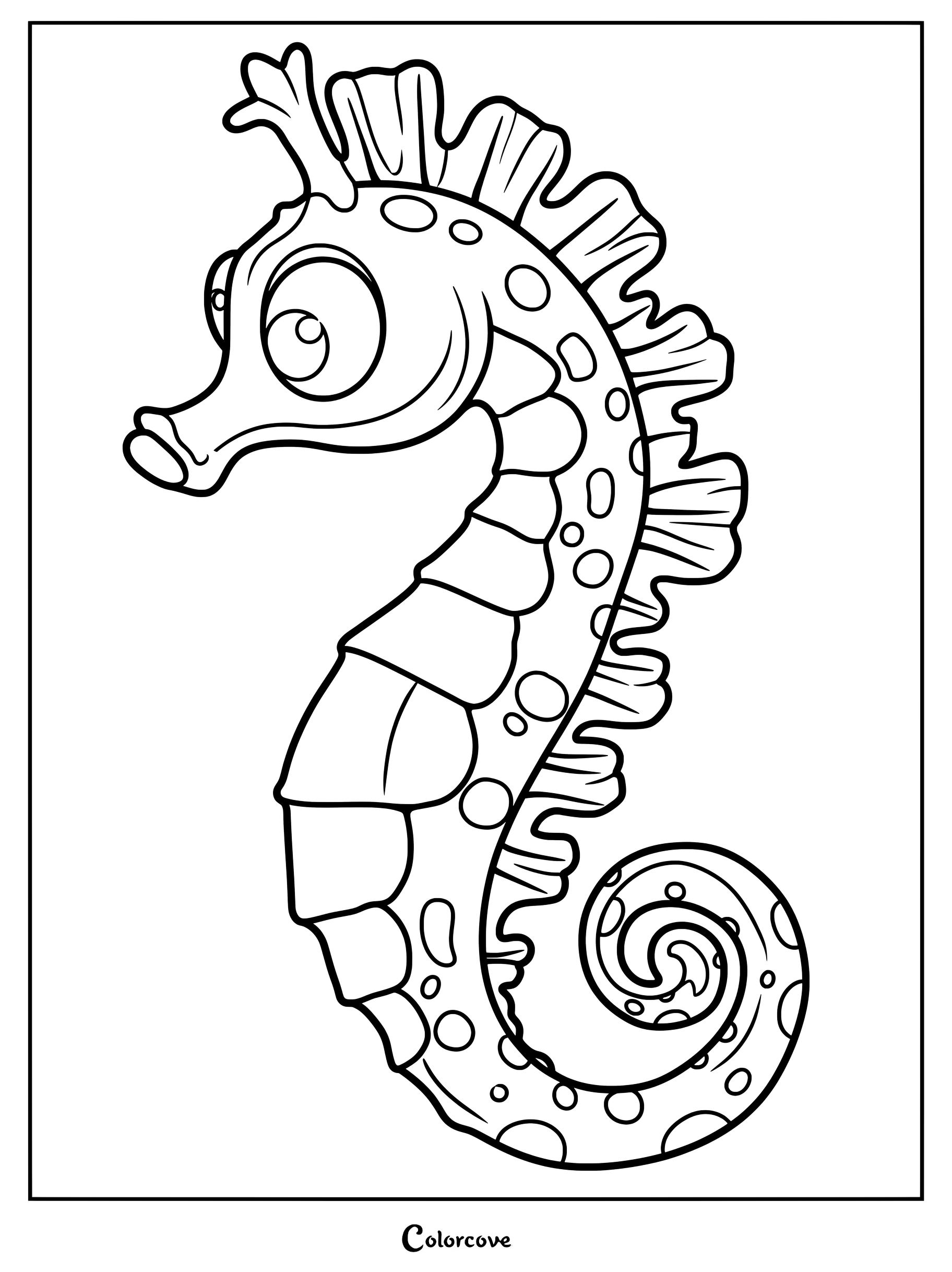 Un simpático dibujo para colorear de caballitos de mar con puntos, ojos grandes y cola rizada.