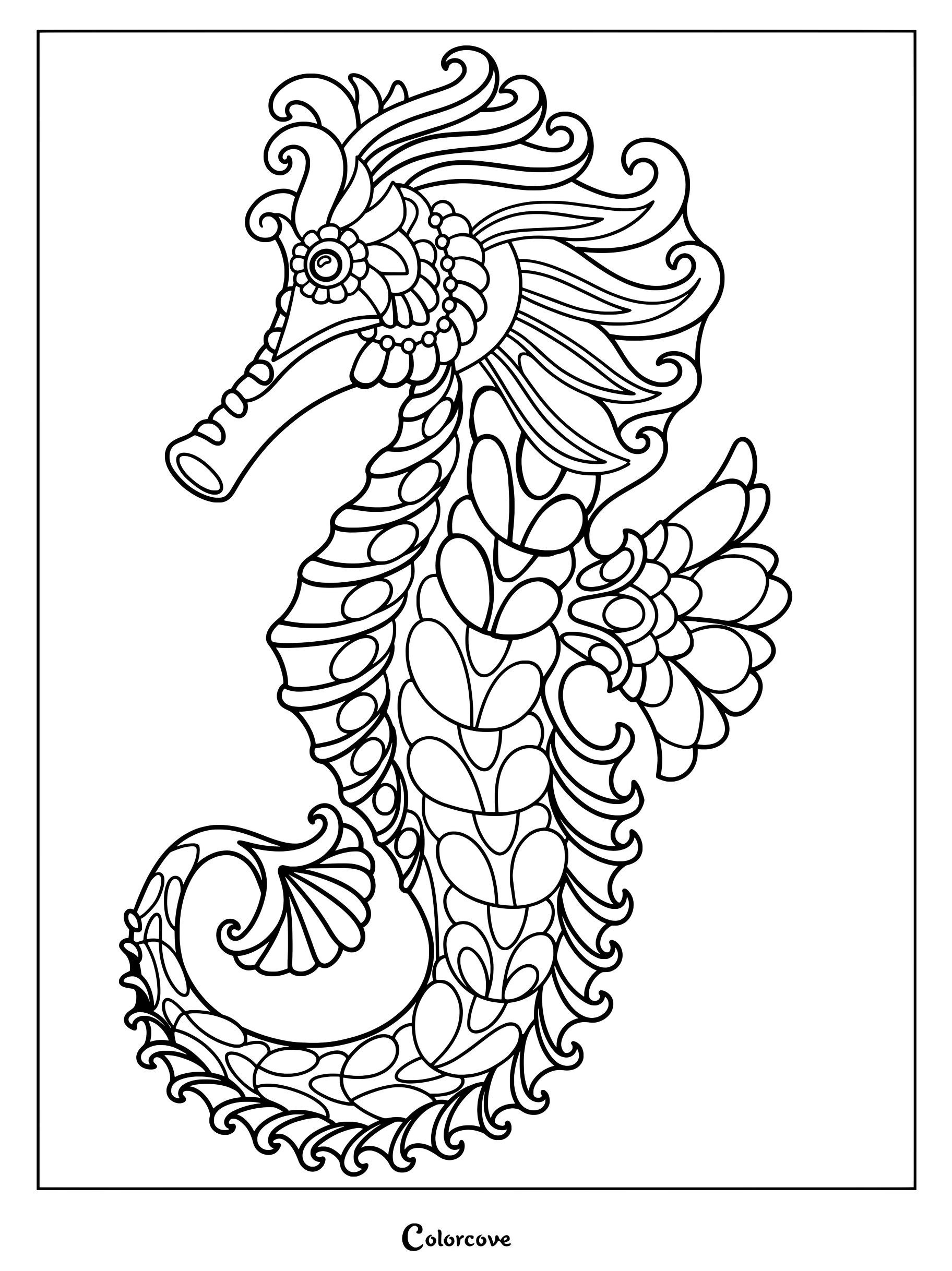 Dibujo para colorear de caballitos de mar de estilo floral zentangle con intrincados patrones.