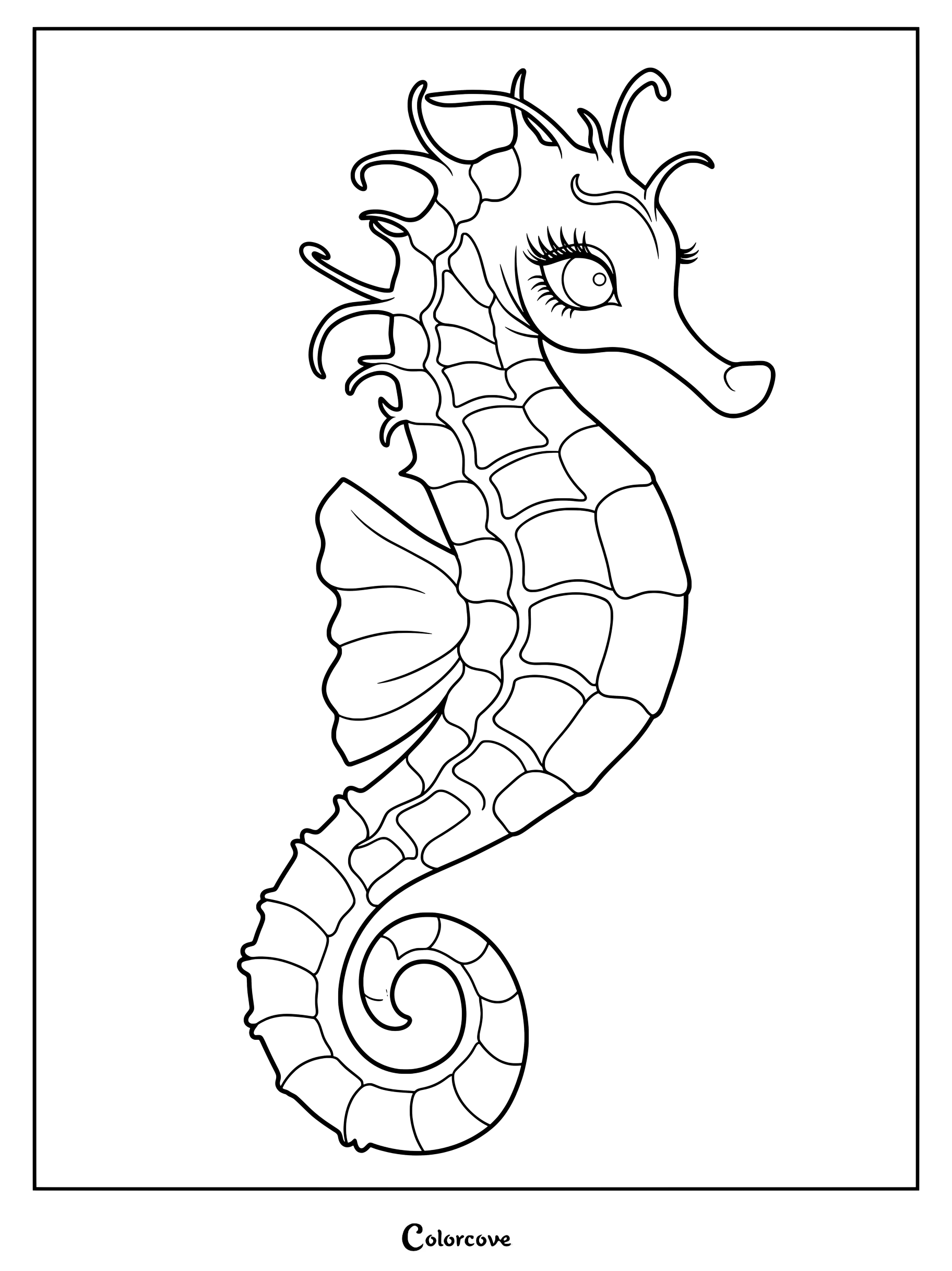 Detallado dibujo para colorear de caballitos de mar con largas pestañas y cola rizada.