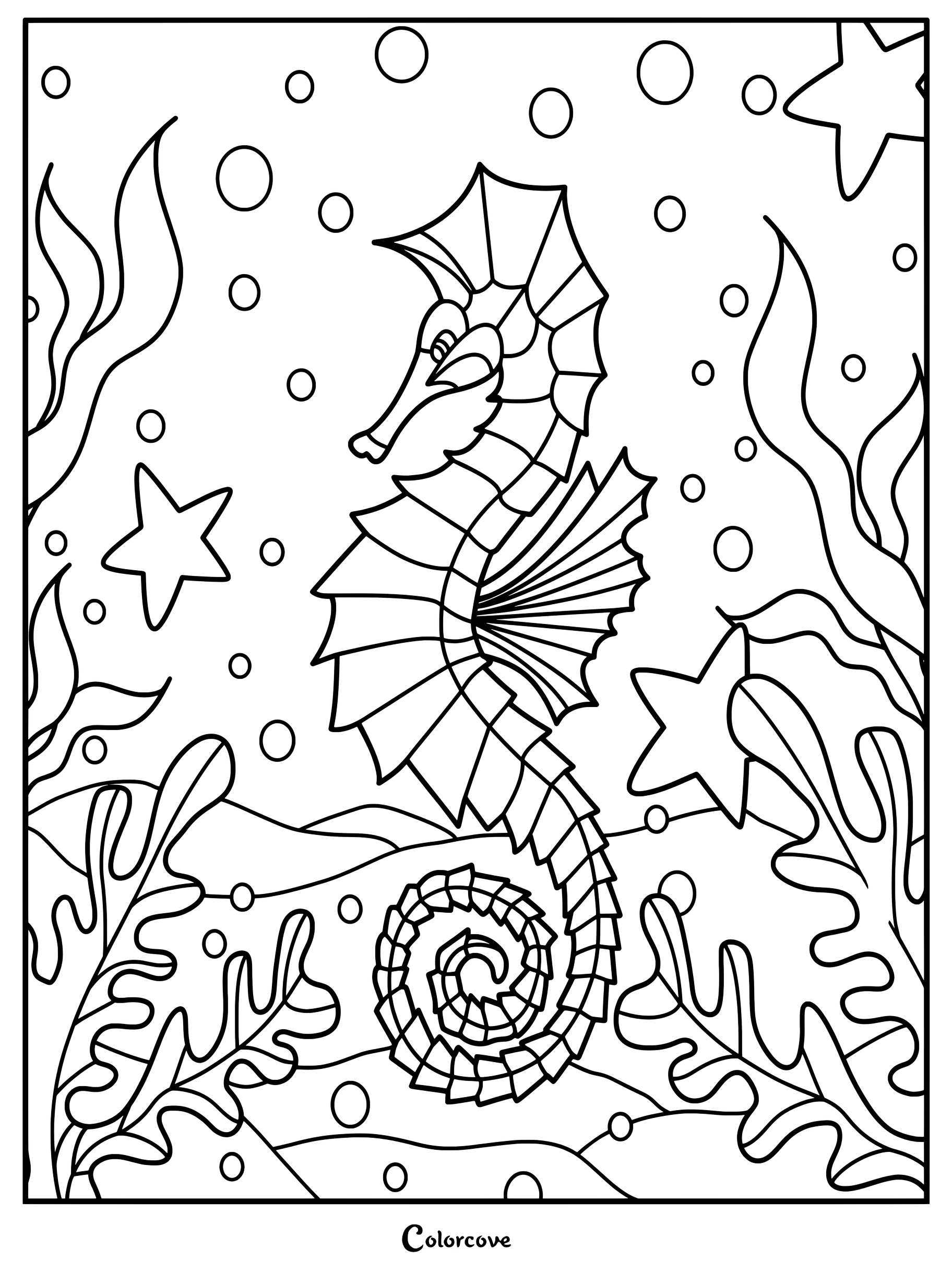 Un detallado dibujo para colorear de caballitos de mar rodeados de plantas submarinas, estrellas de mar y burbujas flotantes.