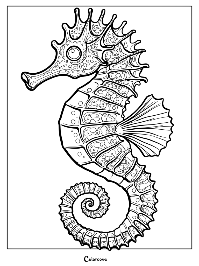 Detailed seahorse coloring page with complex mandala and floral patterns on its body.