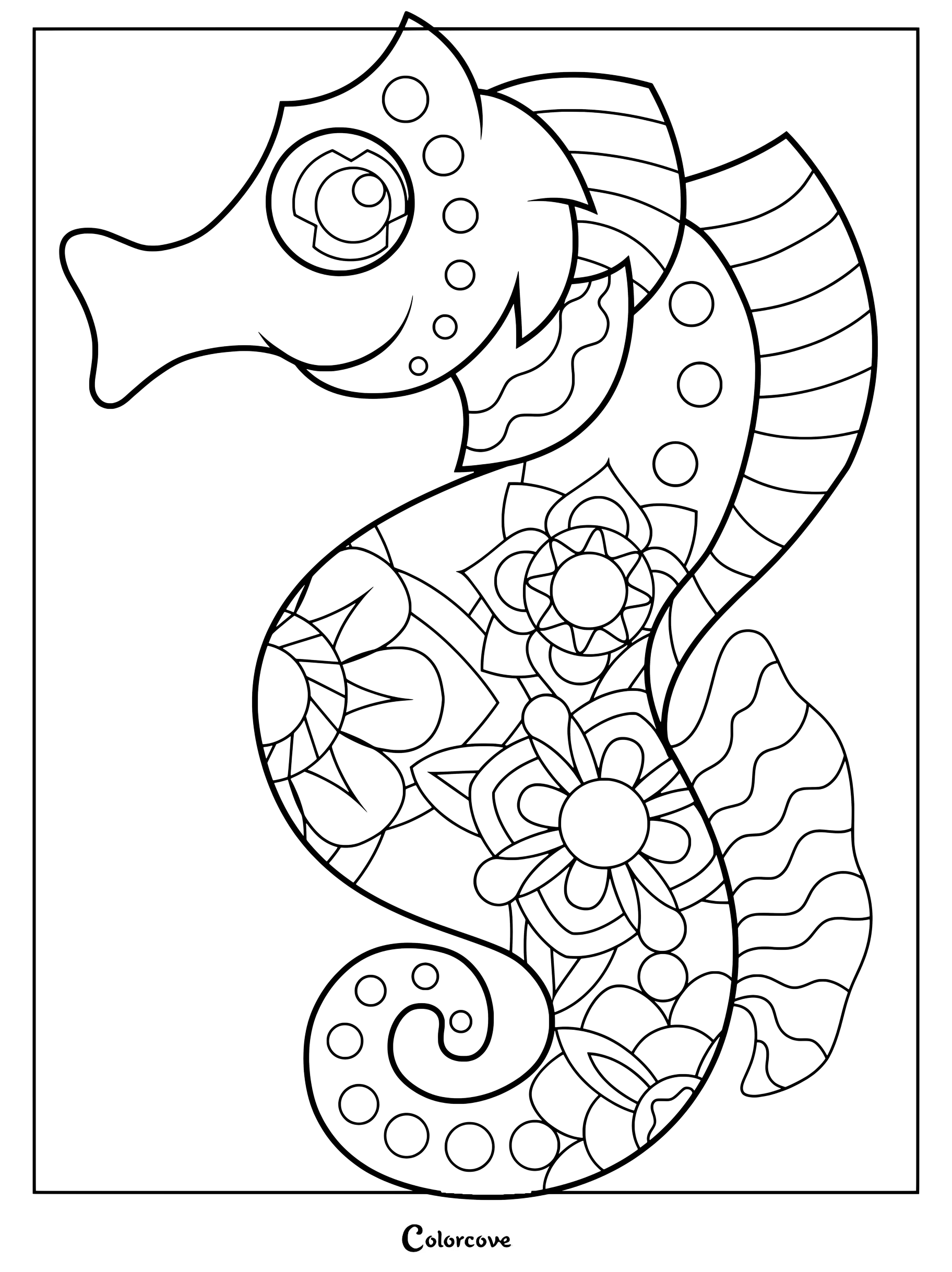 Decorativo dibujo para colorear de caballitos de mar con intrincadas flores mandala y patrones de lunares.
