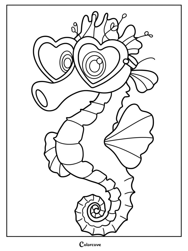 A stylish seahorse wearing heart-shaped sunglasses coloring page.