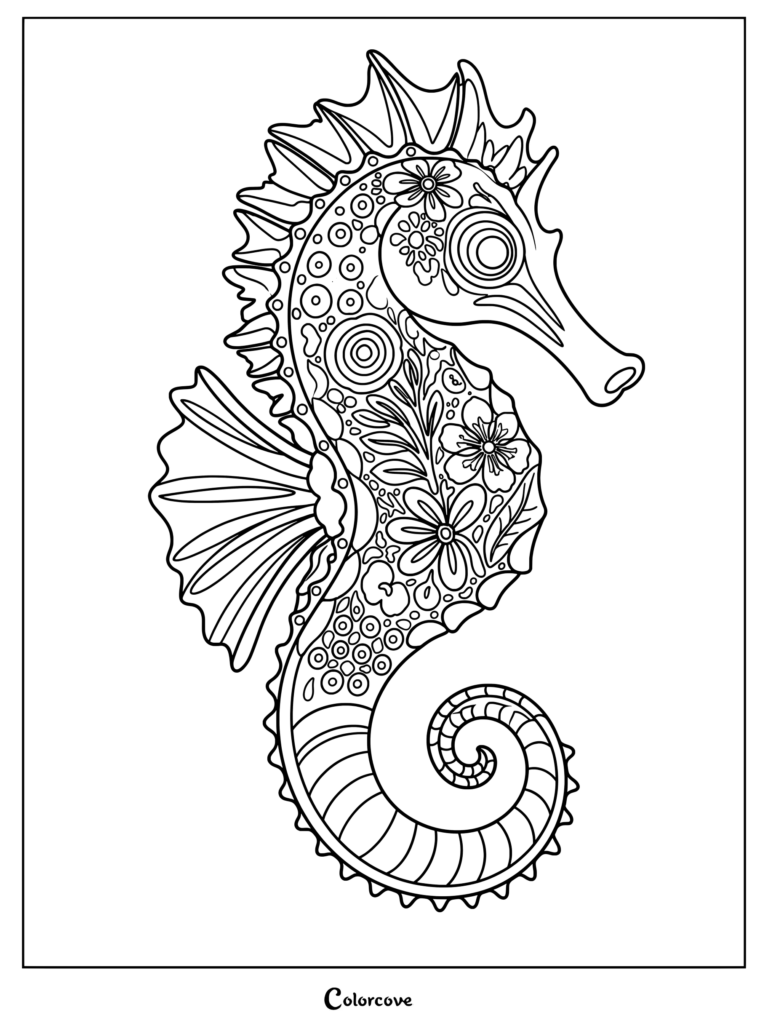 Zentangle floral seahorse coloring page with intricate patterns.