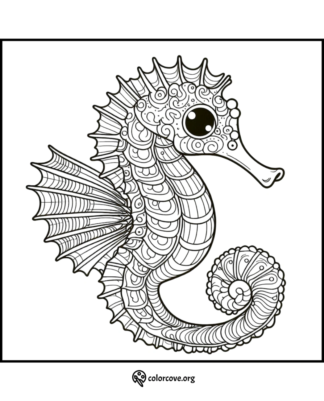 Intricate seahorse coloring page with detailed patterns, perfect for kids and adults. Free printable from colorcove.org.