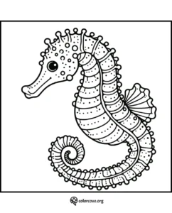 Coloring page of a detailed seahorse design with intricate patterns, perfect for a relaxing and creative coloring activity.