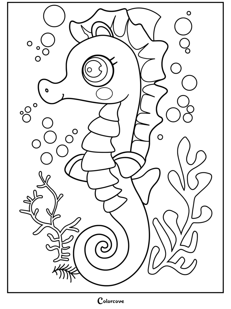 A friendly seahorse coloring page surrounded by bubbles and coral.