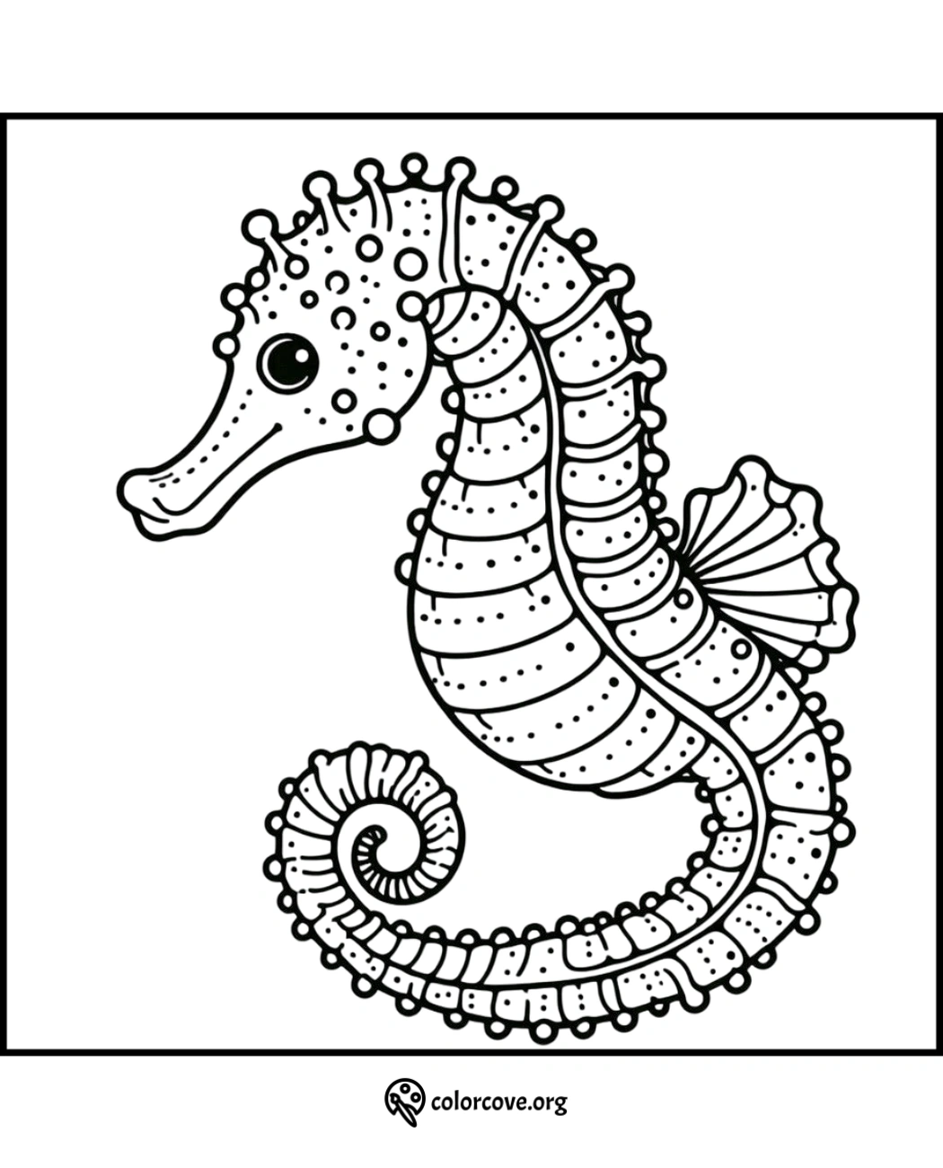 Coloring page of a detailed seahorse design with intricate patterns, perfect for a relaxing and creative coloring activity.