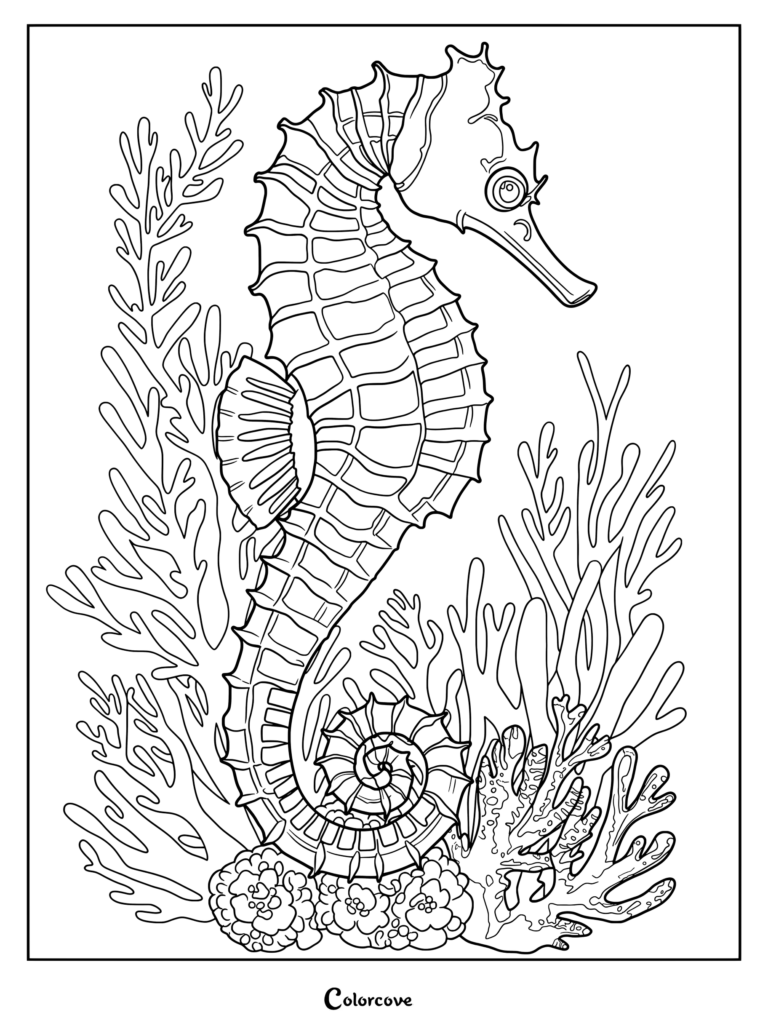 Detailed seahorse coloring page featuring intricate patterns swimming among tall seaweed and coral reefs.