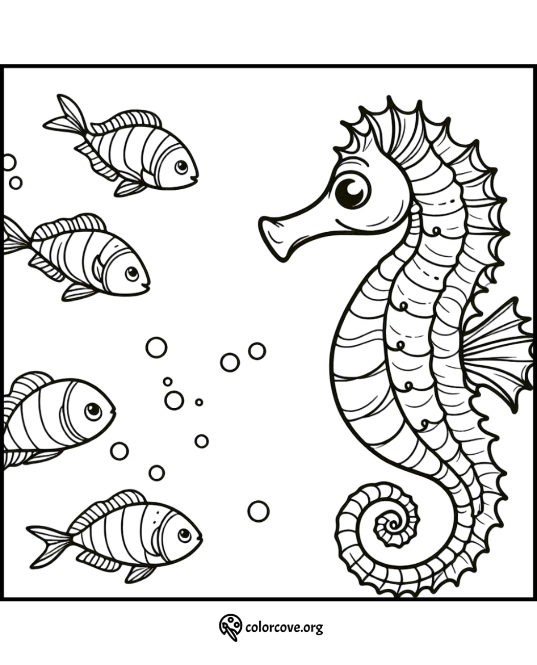 Seahorse and fish coloring page for kids, featuring underwater sea creatures and bubbles. Perfect for fun, creative activity.