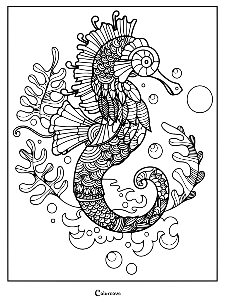 Zentangle pattern seahorse coloring page surrounded by coral and bubbles.