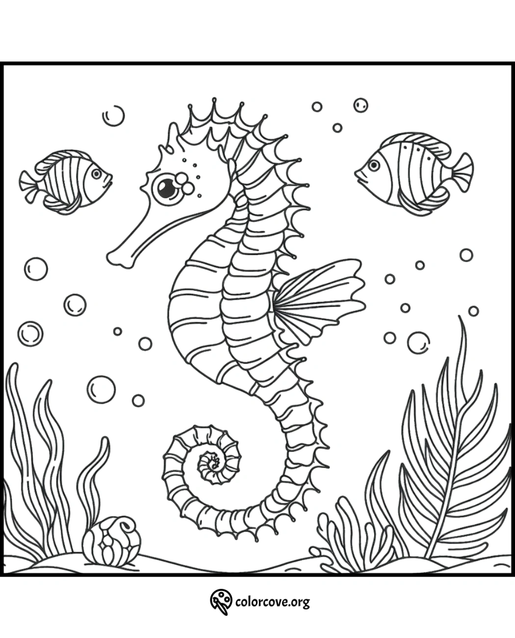 Seahorse coloring page with fish, bubbles, and seaweed, perfect for children's ocean-themed coloring activities.