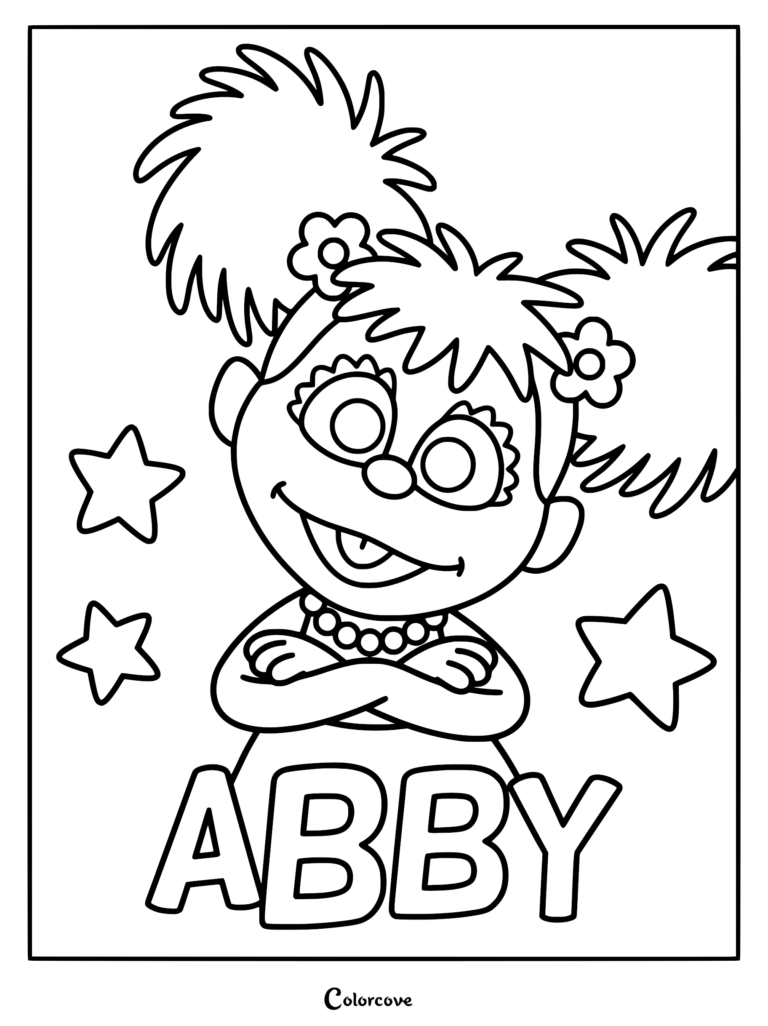 Abby Cadabby from Sesame Street with pigtails, flower hair accessories, and crossed arms, featured on a printable coloring page with stars and her name written below.