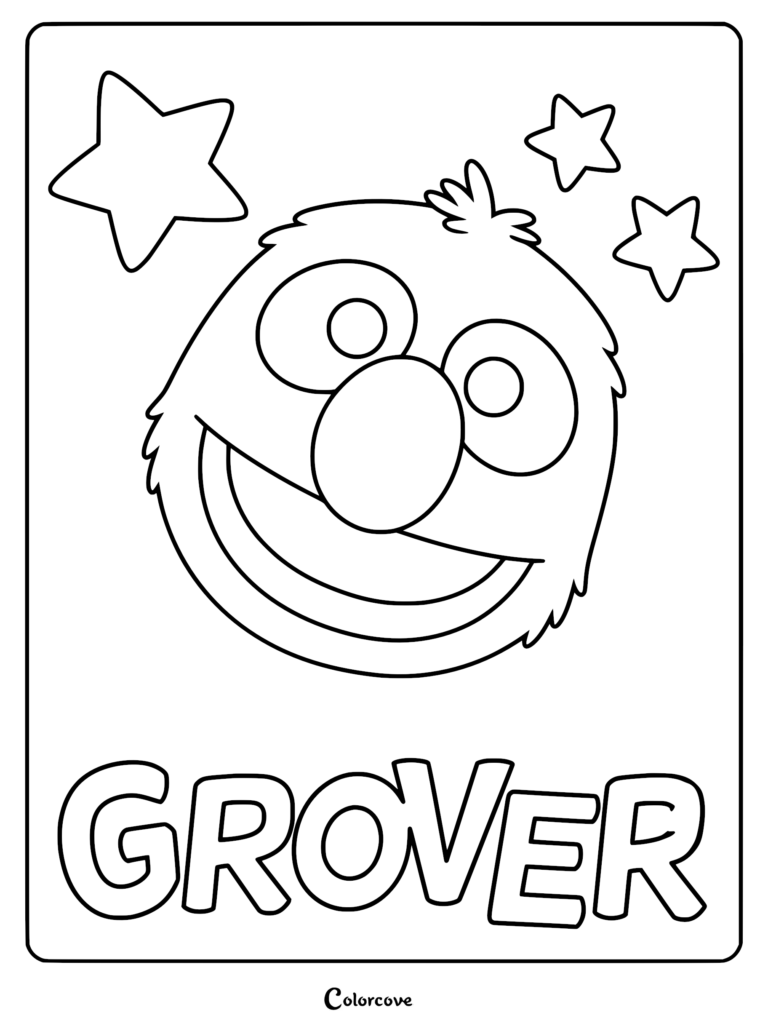 Close-up line art coloring page of Grover from Sesame Street with three stylized stars surrounding his head and the name Grover in large bold letters at the bottom.