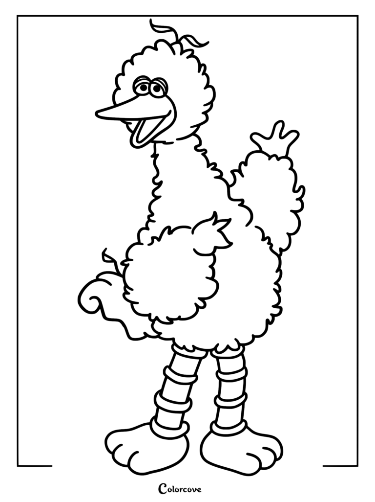 Big Bird from Sesame Street smiling and waving hello in this printable line art coloring page.