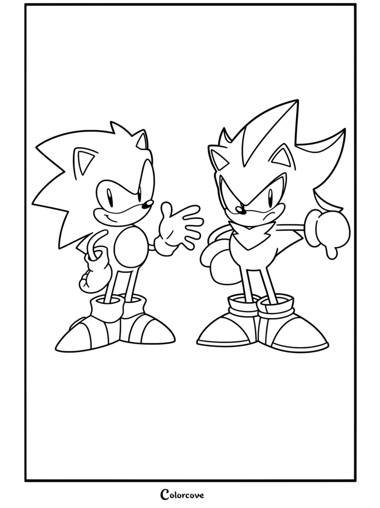 Coloriage classique de Sonic et Shadow the Hedgehog montrant les deux personnages debout ensemble dans un style pop art rétro.