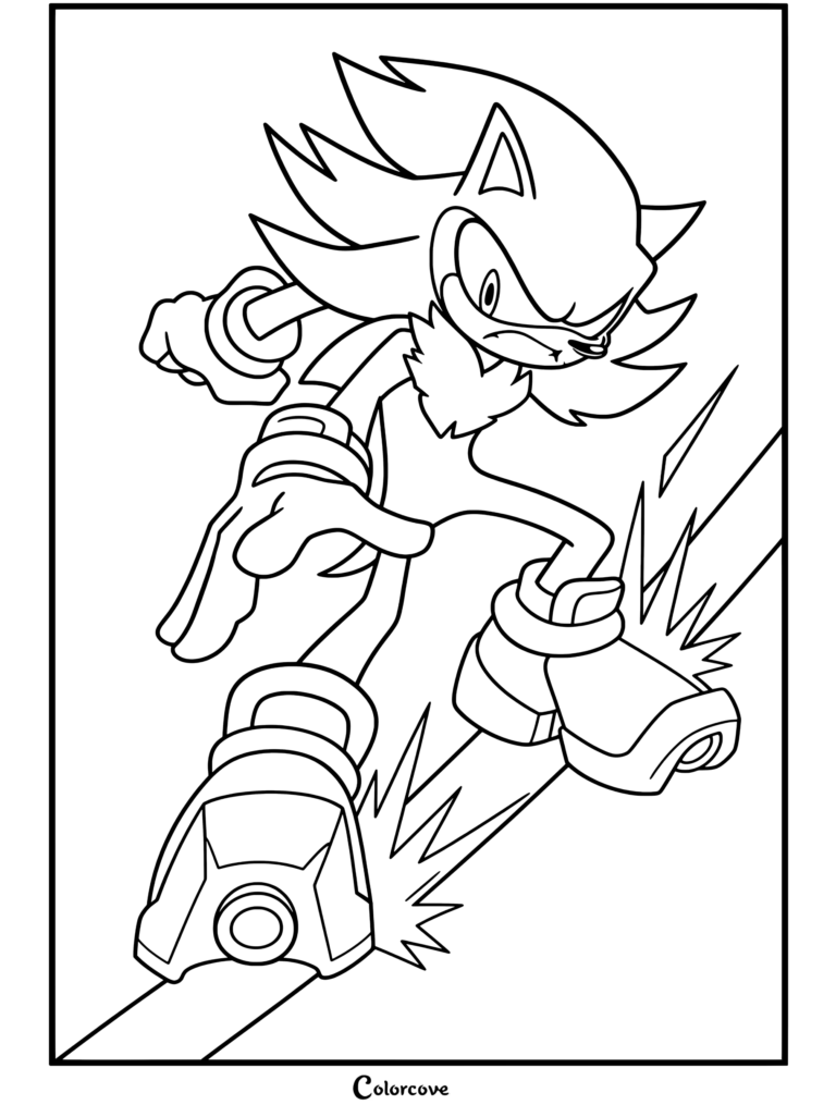Coloriage à imprimer de Shadow the Hedgehog glissant sur un rail avec des chaussures à air étincelantes dans une pose d'action dynamique.