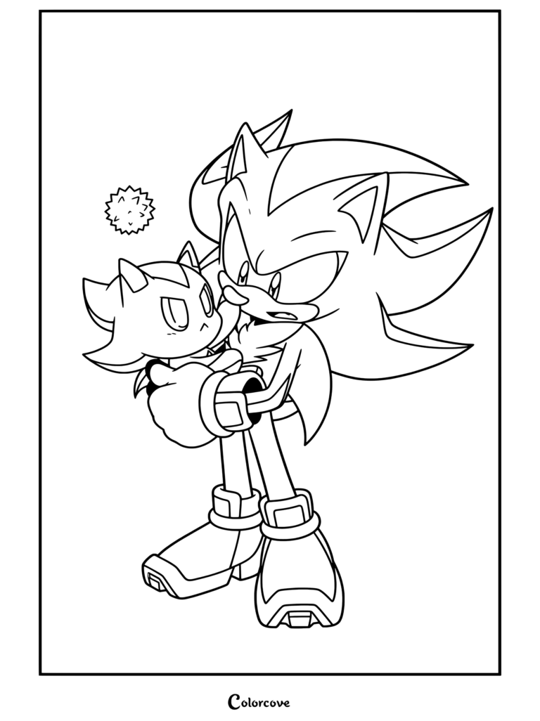 Coloriage de Shadow the Hedgehog tenant un chao avec une expression protectrice et théâtrale, disant qu'il ne l'a que depuis un jour et demi