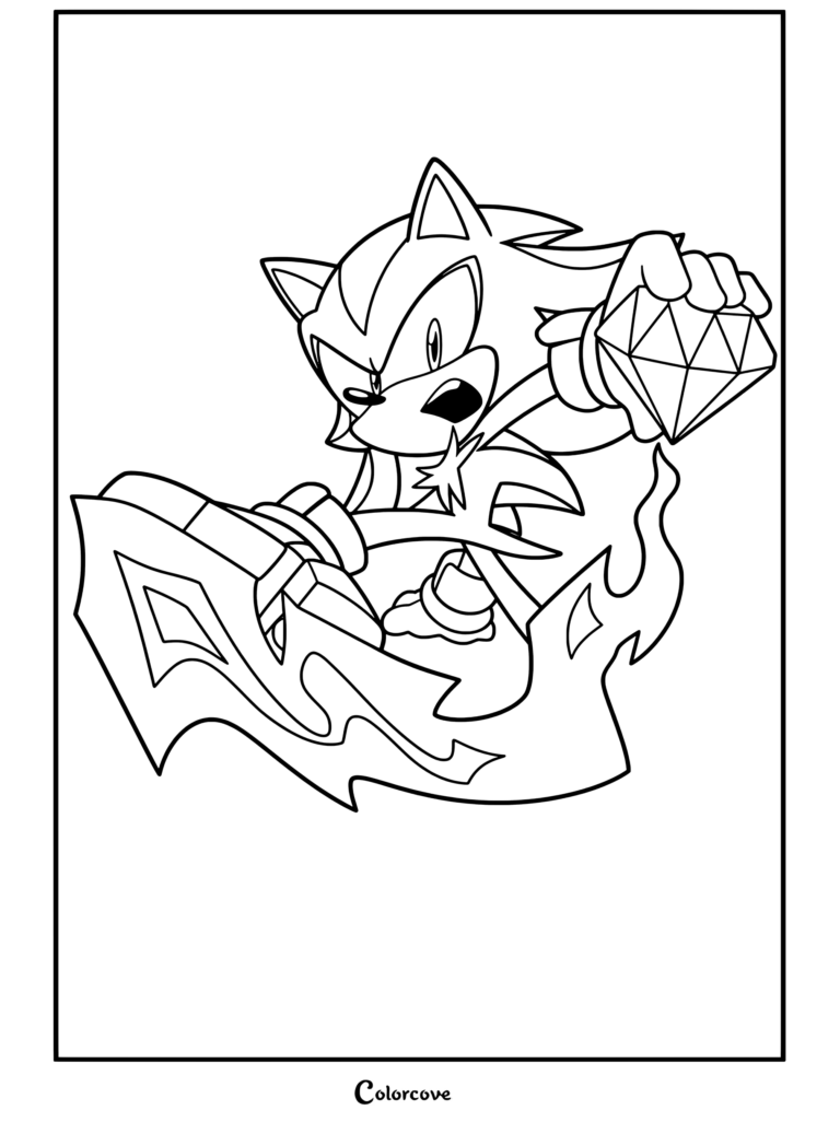 Coloriage de Shadow the Hedgehog tenant une Émeraude du Chaos et patinant avec des chaussures enflammées près d'un pont et d'un paysage urbain la nuit