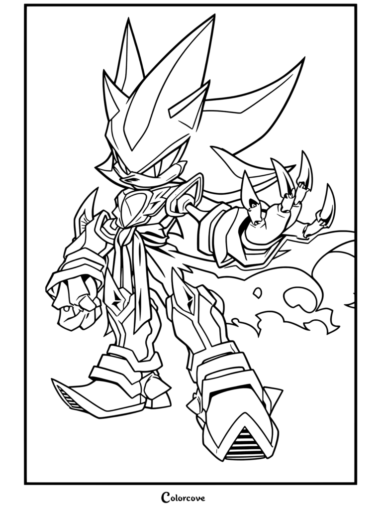 Coloriage de Shadow the Hedgehog en chevalier en armure avec cape et griffes en métal