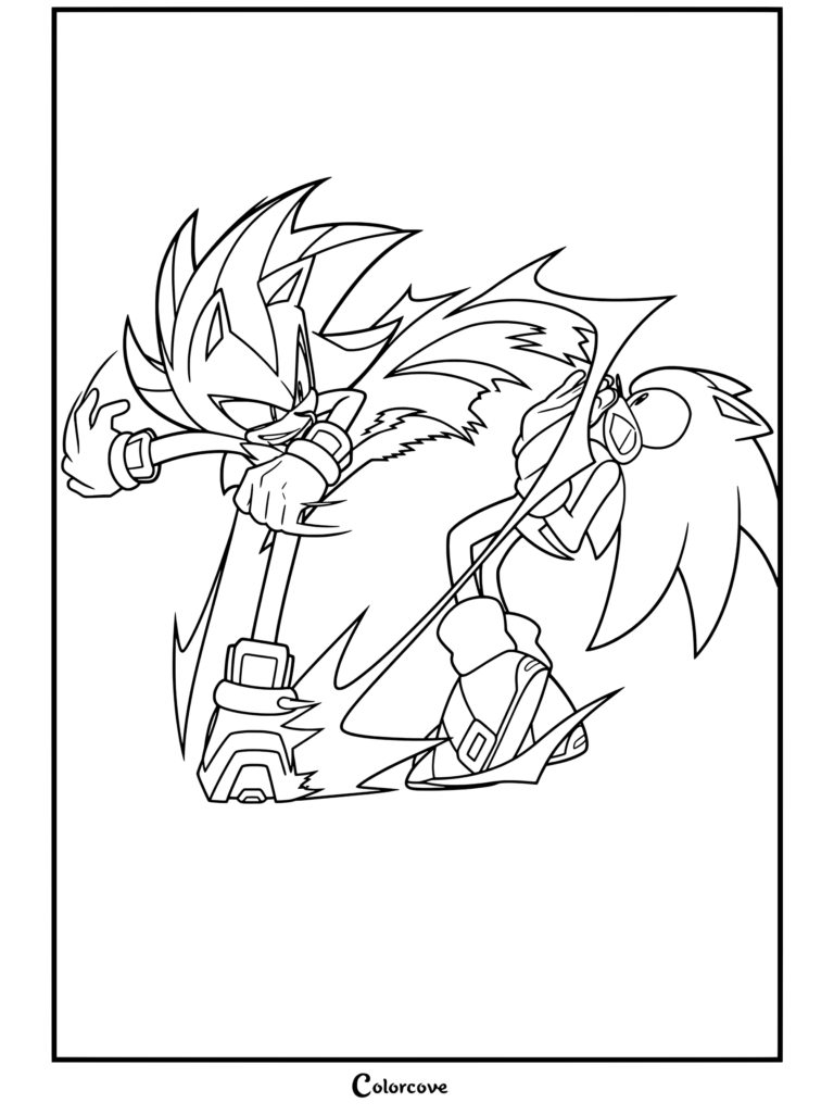 Coloriage d'une scène de combat pleine d'action où Shadow the Hedgehog donne un coup de pied à Sonic