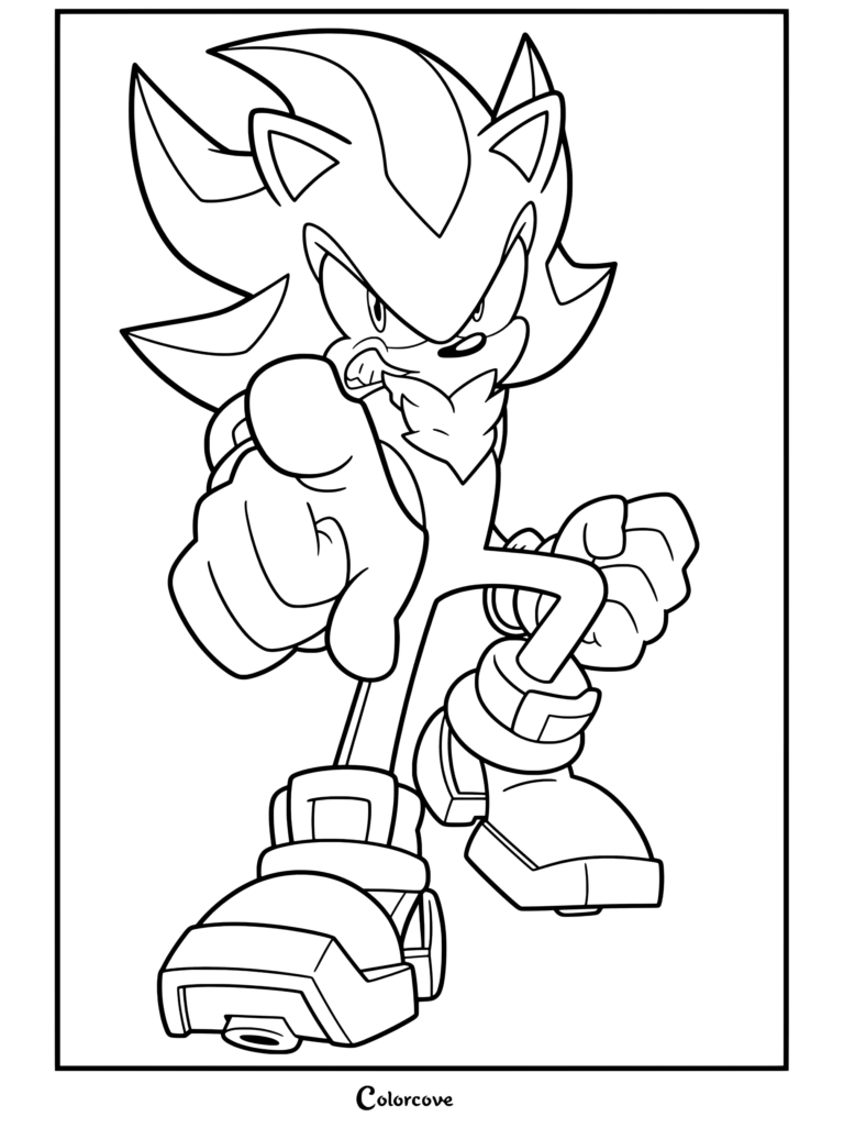 Coloriage de Shadow the Hedgehog le montrant pointant vers l'avant de manière agressive avec une expression fâchée et une pose dynamique.