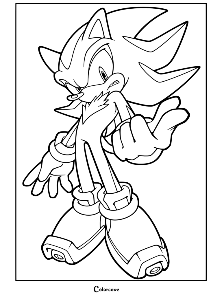 Coloriage de Shadow the Hedgehog représentant le personnage posant avec assurance avec des piques rouges et noires, des gants blancs et des chaussures à air.