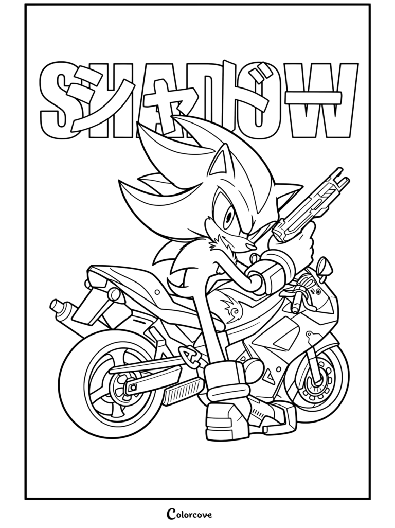 Coloriage de Shadow the Hedgehog chevauchant une moto noire et rouge tout en tenant une arme, avec un poster de texte japonais