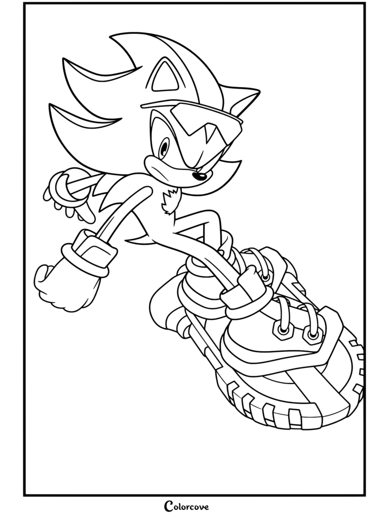 Coloriage à imprimer de Shadow the Hedgehog survolant une planche Extreme Gear tout en portant des lunettes vertes, dans une pose inspirée de Sonic Riders.