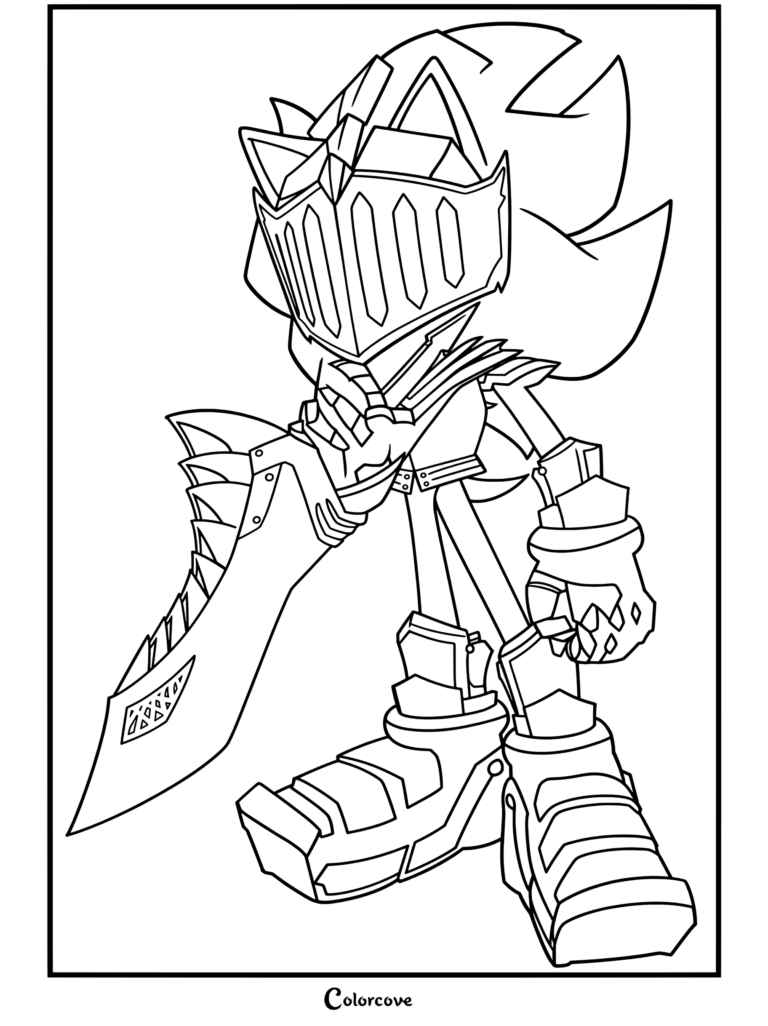Coloriage de Lancelot Shadow the Hedgehog en armure tenant une épée, inspiré de Sonic and the Black Knight