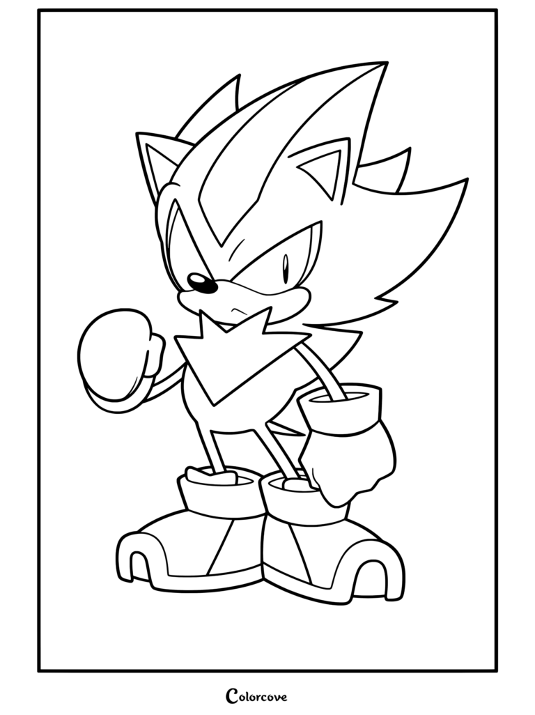 Coloriage de Shadow the Hedgehog debout avec assurance, les bras croisés, portant des anneaux limiteurs dorés et des chaussures à air