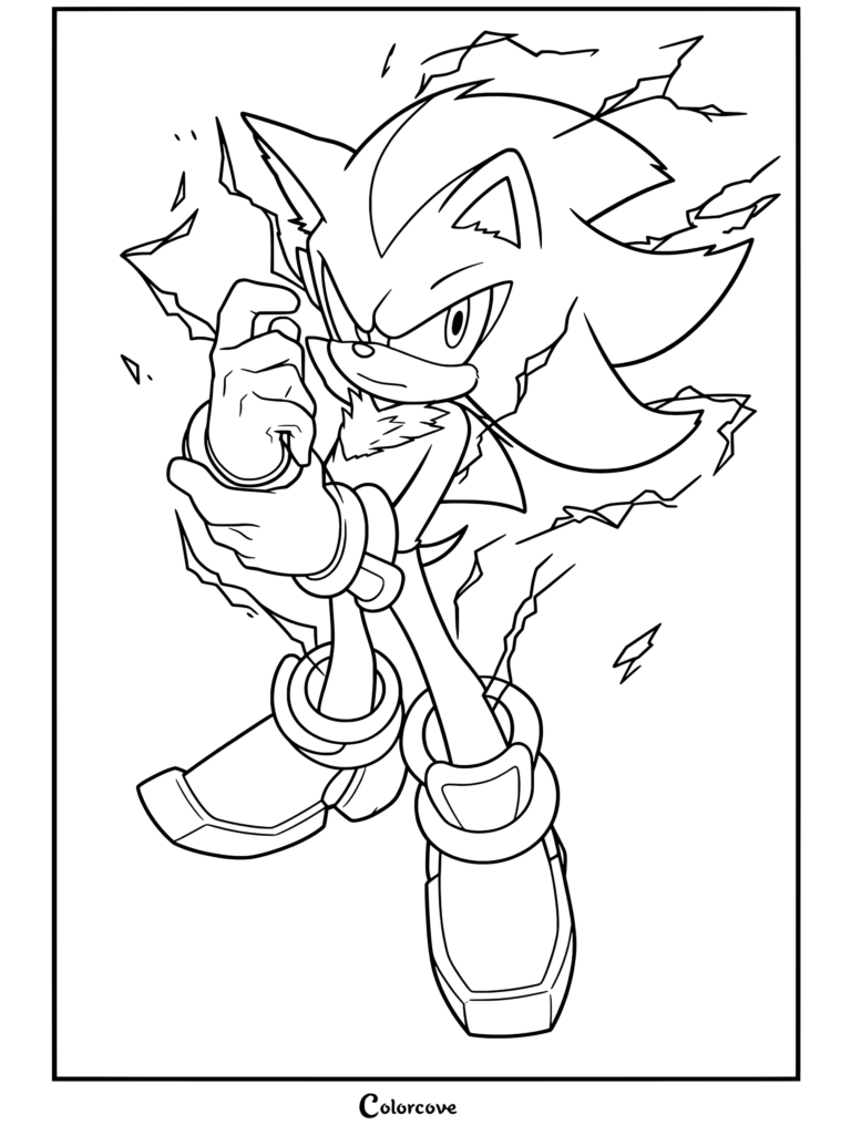 Coloriage de Shadow the Hedgehog debout avec assurance, entouré d'éclairs verts et d'anneaux limiteurs lumineux.