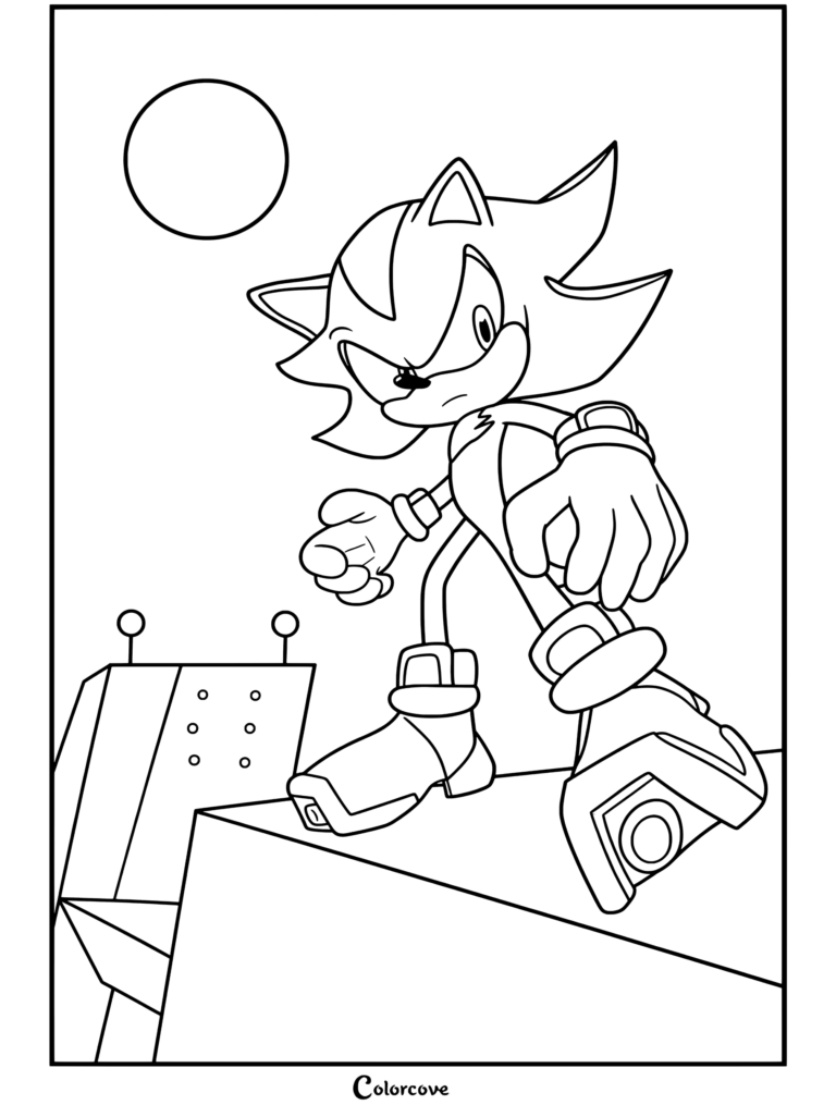 Coloriage de Shadow the Hedgehog debout sur un toit sous un ciel nocturne et une pleine lune.
