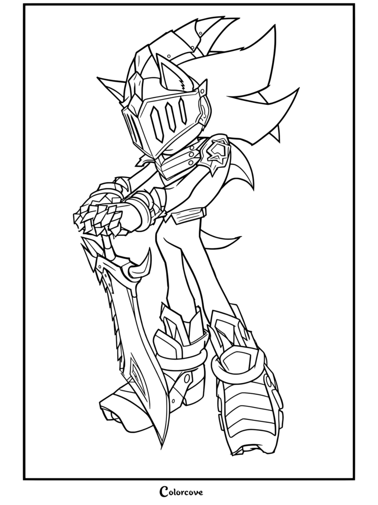 Coloriage de Sir Lancelot Shadow the Hedgehog vêtu d'une armure complète en acier et d'un casque, tenant une épée et se tenant debout avec assurance