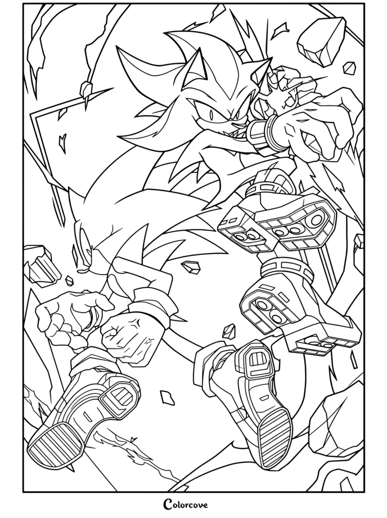 Coloriage montrant une pose d'action de Sonic et Shadow avec une Émeraude du Chaos et des effets de bris dynamiques, mettant en scène Shadow the Hedgehog.