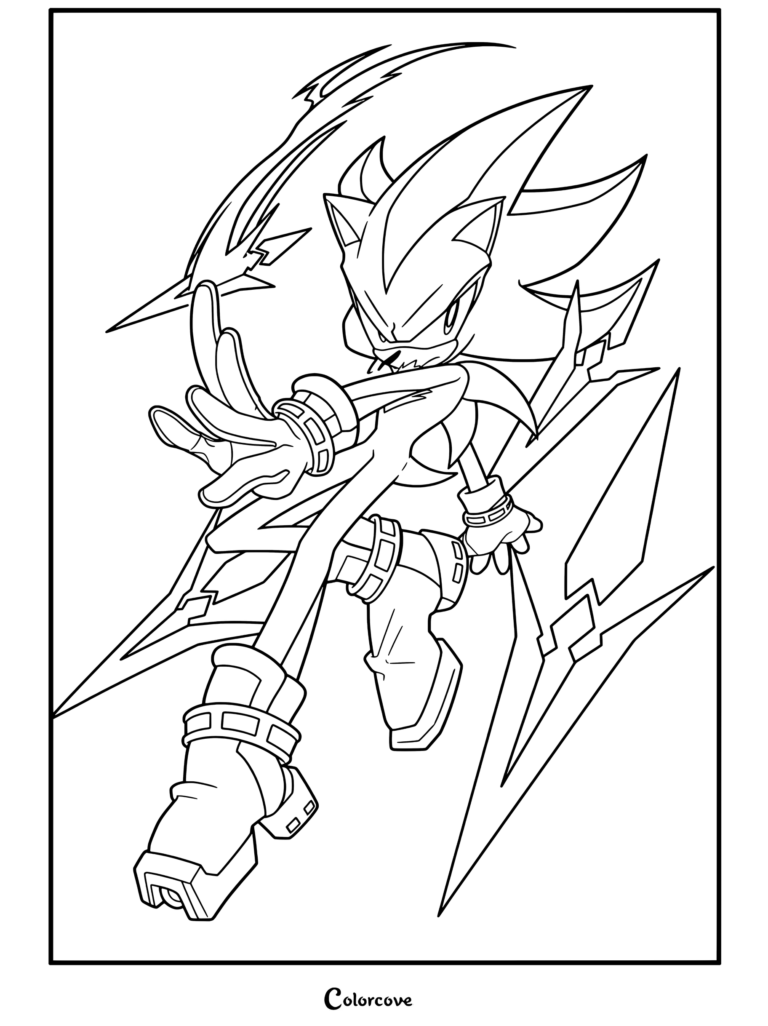 Coloriage de Super Shadow présentant une puissante super transformation de Shadow the Hedgehog entouré de traînées d'énergie dynamiques.