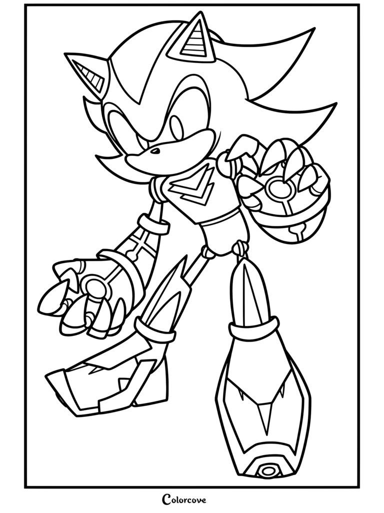 Coloriage pour les fans représentant une variante robotique de mecha shadow the hedgehog avec des accents néon rouges et des griffes.