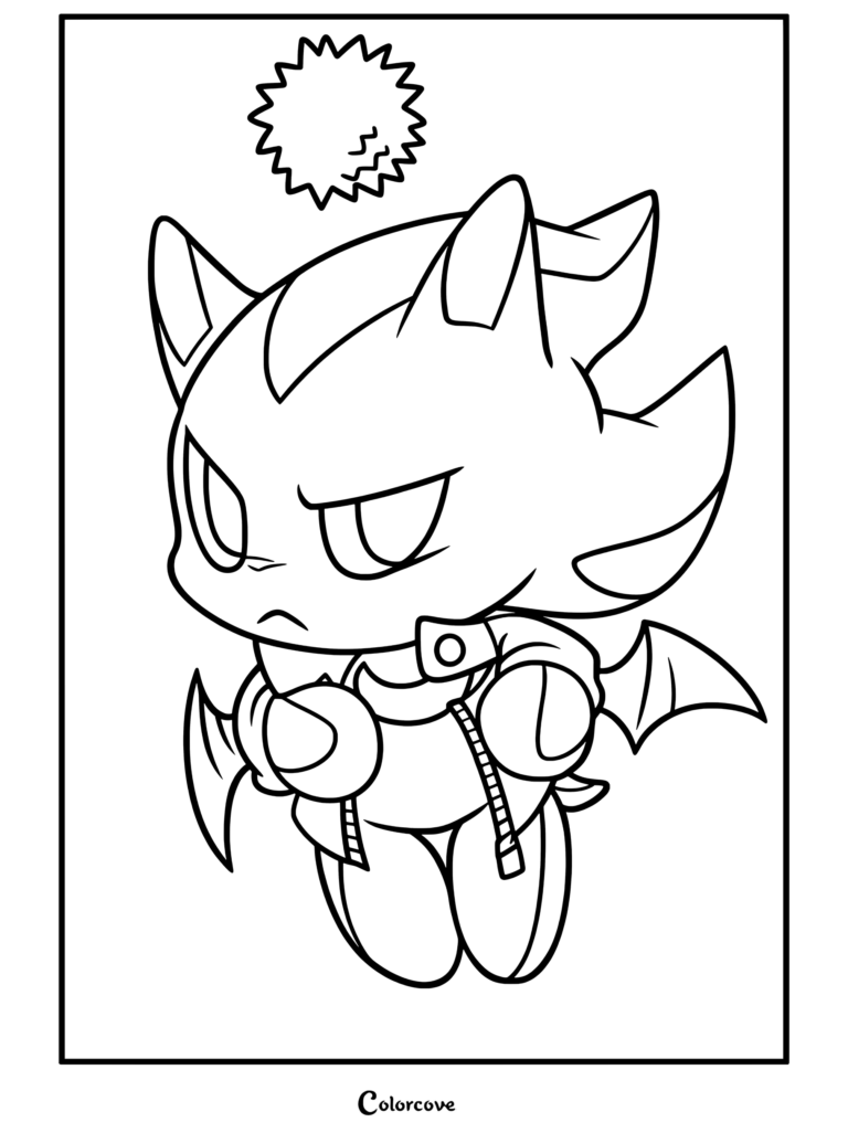 Coloriage d'un Shadow Chao portant une veste en cuir et des ailes de diable avec une expression boudeuse, pour les fans de Shadow the Hedgehog