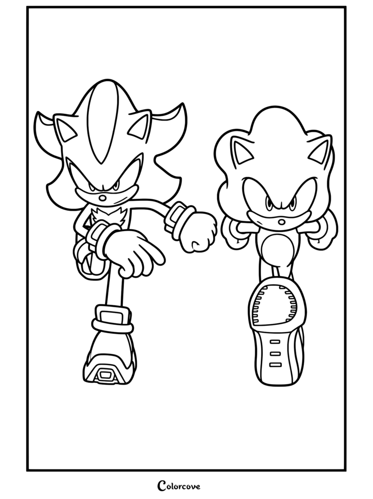 Un coloriage à imprimer représentant Shadow the Hedgehog et Sonic courant dans un tunnel futuriste dans une pose d'action.