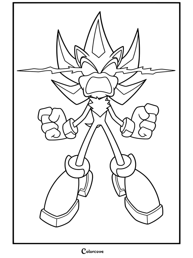Coloriage de Shadow the Hedgehog chargeant de l'énergie du chaos avec des yeux brillants et des piquants aux effets électriques