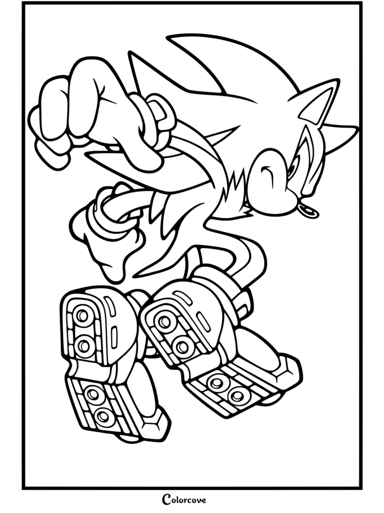 Coloriage de Shadow the Hedgehog fonçant vers l'avant dans une pose d'action, les dents serrées et chaussé de ses chaussures à air.