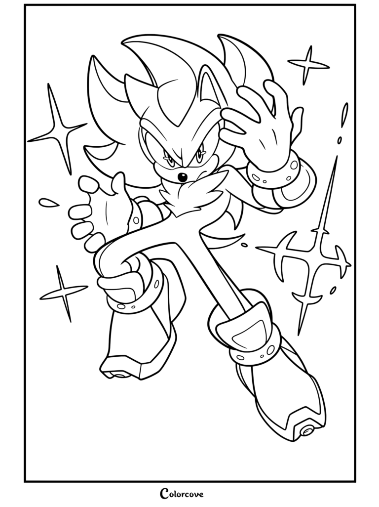 Coloriage de Shadow the Hedgehog dans une pose d'action dynamique avec des étincelles d'énergie rouge et des accents lumineux