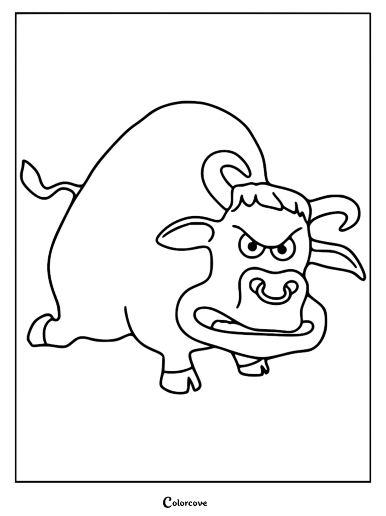 Detailed line art coloring page of the angry bull from Shaun the Sheep with a nose ring and horns.
