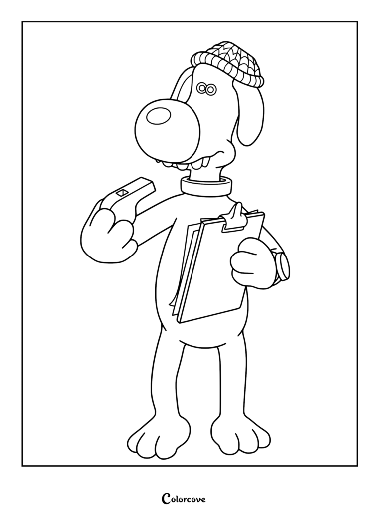 Detailed line art coloring page of Bitzer the dog from Shaun the Sheep wearing a knitted beanie hat, holding a whistle and a clipboard.